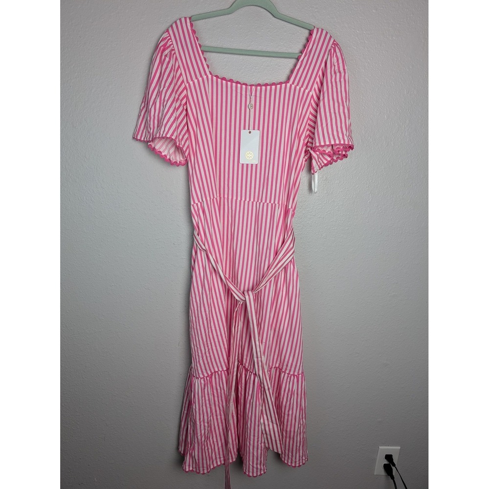 Mary Square Dress Womens XL Pink Midi Sundress Striped Flutter Sleeve Belted